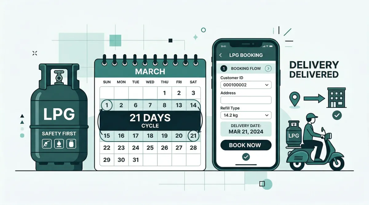 LPG cylinder booking time period rules March 2026 illustration showing 21 day booking gap and delivery process